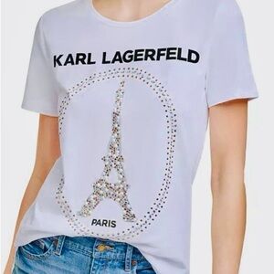 Vintage designer Karl Lagerfeld t shirt ladies Sz. XL white Eiffel Tower beads